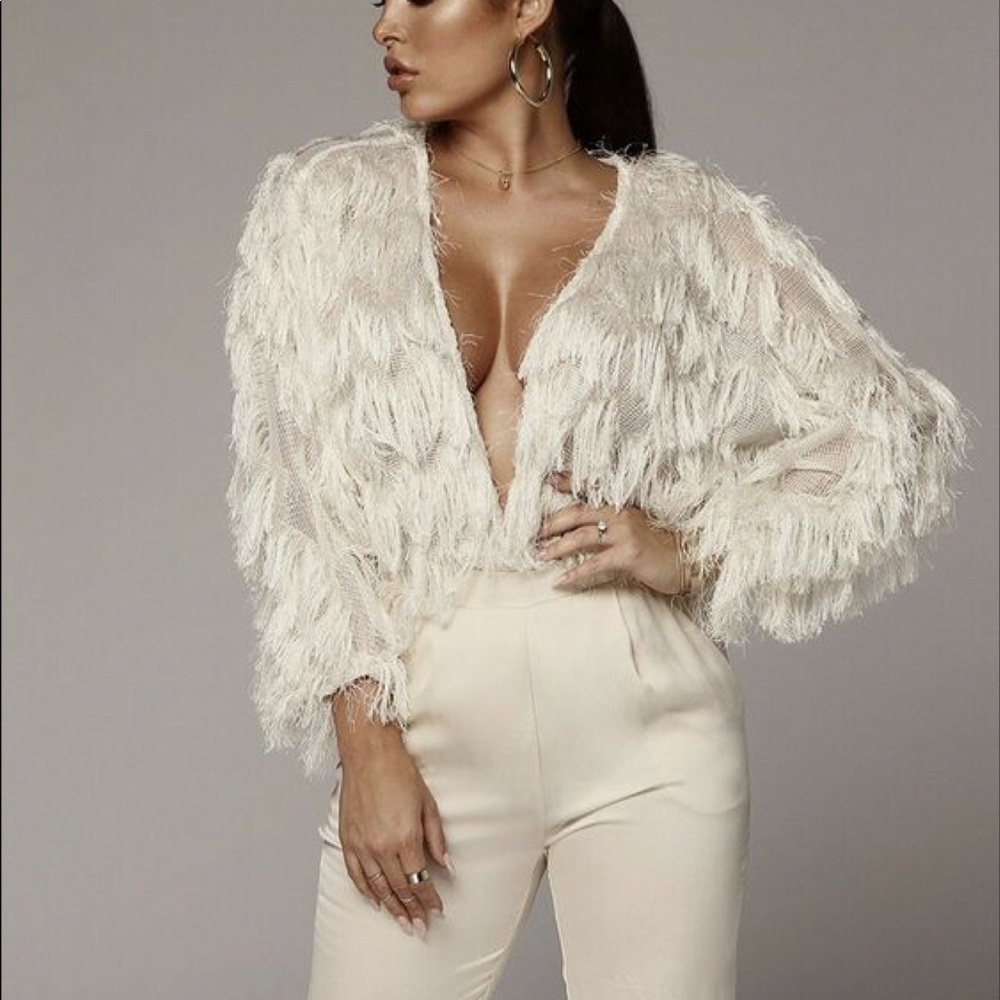 NEW JLux Ivory Birds of A Feather Fringe Sweater S